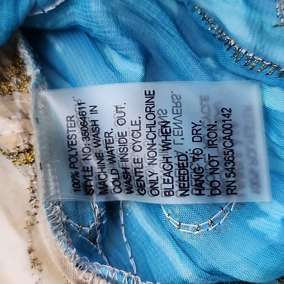 Nygard Blouse Off Shoulder Blue Tan White Gold Sequins Off Shoulder Peasant Sz L - Picture 8 of 13